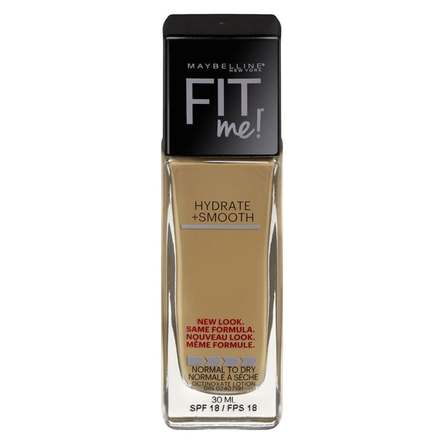 Maybelline New York Fit Me® Fond de Teint Liquide Hydratant + Lissant 30 ml dans une Bouteille en Verre Rectangulaire Transparente avec Bouchon Noir, Conçu pour Peau Normale à Sèche, texture de Peau Hydratante et Lissante avec FPS 18 pour une Finition Naturellement Lumineuse.