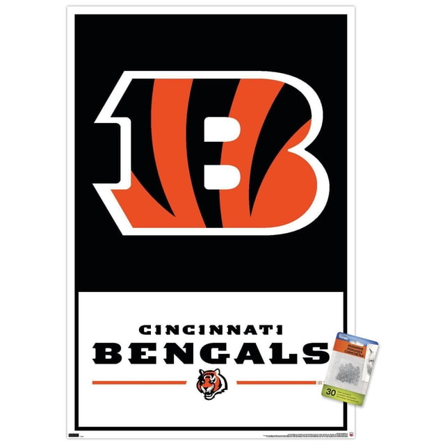 NFL Cincinnati Bengals - Logo 21 Affiche Murale avec Cadre Magnétique, 22,375 Po x 34 Po Affichant un Grand Logo « B » Rayé orange et Noir, Décrit en Blanc sur Fond Noir au-Dessus d'Un Texte Noir Audacieux Lisant « Cincinnati Bengals » sur Fond Blanc, avec un Logo Tête de Tigre orange Centré en Dessous et Deux Lignes Horizontales orange de Chaque Côté, Incluant un Petit Paquet de Punaises Transparentes Fixées au Coin Inférieur Droit, Idéal pour Ajouter