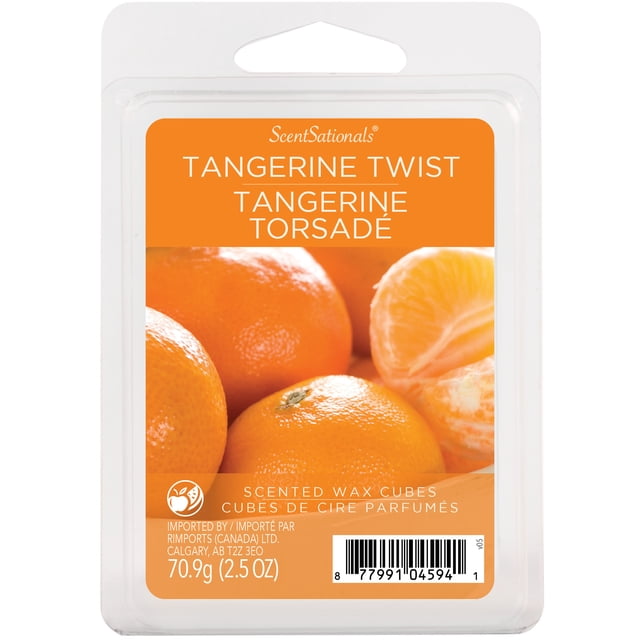 ScentSationals Scented Wax Cubes - Tangerine Twist in a clear plastic clamshell package with an orange label showing whole and peeled tangerines, weighing 70.9g (2.5 oz), designed for use in electric wax warmers to release a soothing citrus fragrance in home spaces.