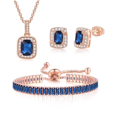 Paris Jewelry 18K Rose Gold Plated Created Blue Sapphire Princess Halo Pendant Necklace, Earrings and Tennis Bracelet Jewelry Set