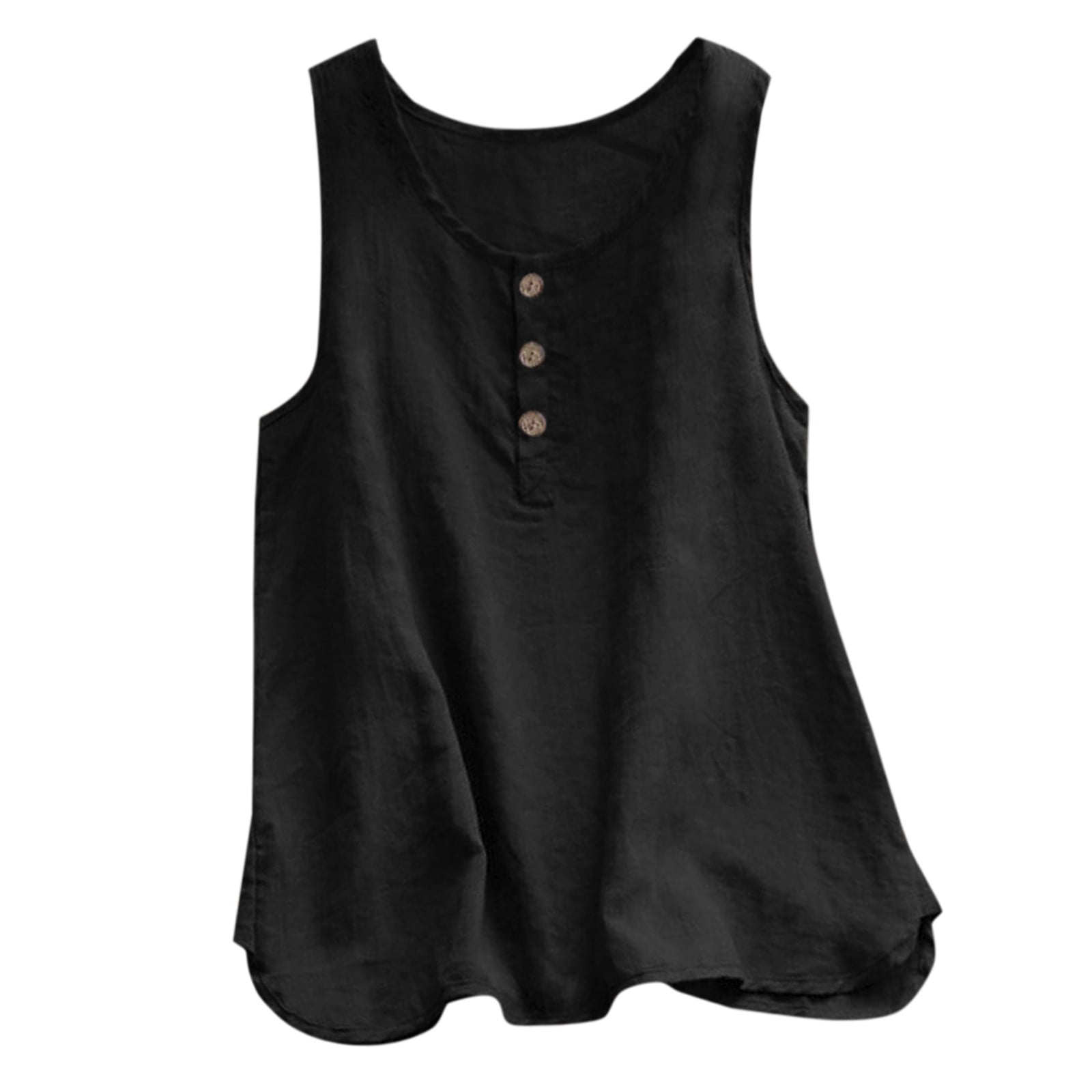 WEIYLL Tshirt for Women Crew Neck Sleeveless Button Up Black Tops Sizes L