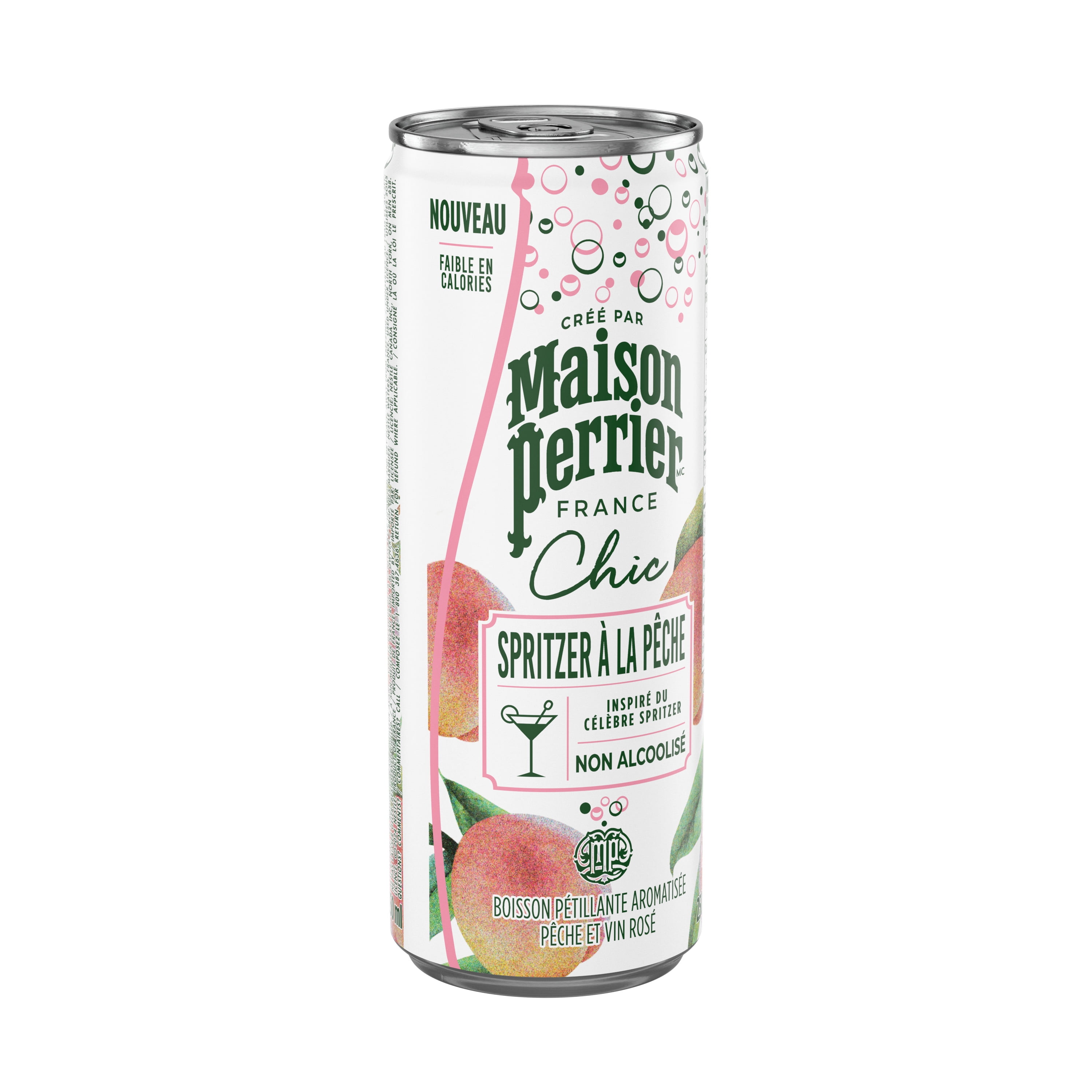 Maison Perrier Maison Perrier Chic Spritzer à la Pêche, Non Alcoolisé, Boisson Pétillante Aromatisée à la Pêche et au Vin Rosé, Cocktail Sans Alcool Faible en Calories, Prêt à Boire 4X250ML