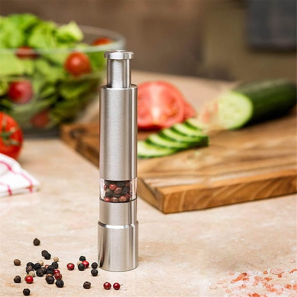 Pepper Mill Manual,Salt and Pepper Grinder,Stainless Steel Push Button Grinder Modern Design Thumb Grinder for Black Pepper,Sea Salt and Himalayan Salt,Spice,Thumb Press Peppermill, and Salt Grinder