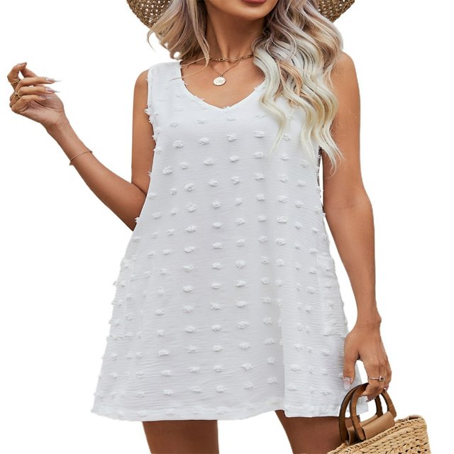 Robe Décontractée Ample Fluide Mini Robe Col en V Sans Manches à Pois Suisses Volants Plage Robes Courtes avec Poches Bleu TG