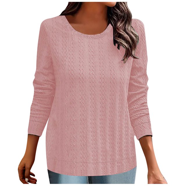 AherBiu Chandails à Manches Longues pour Femmes, Col Ras du Cou, Chandail de Printemps, Haut, T-Shirts, Couleur Unie