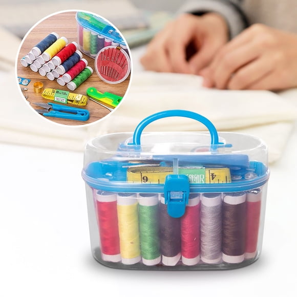 Uscallm Sewing Kit Portable 10-Piece Mini Tool Set, Double Layer Needle Thread Storage Box with Thimble and Piercer, Home Travel Craft Sewing Supplies