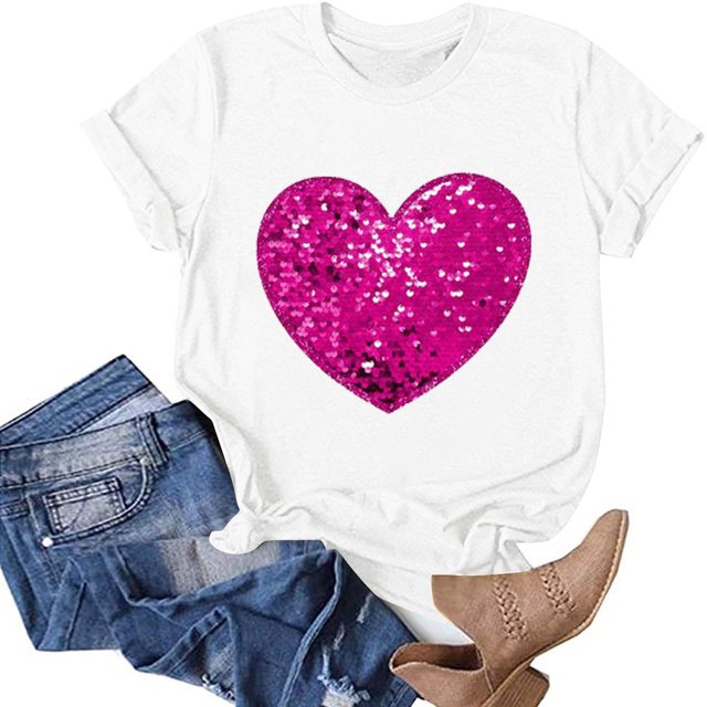 TIMIFIS T-Shirts à Manches Courtes de la Saint-Valentin pour Femmes Mode Décontractée Col Rond T-Shirt Imprimé Cœur d'Amour T-Shirt d'Été Ample Col Rond T-Shirts