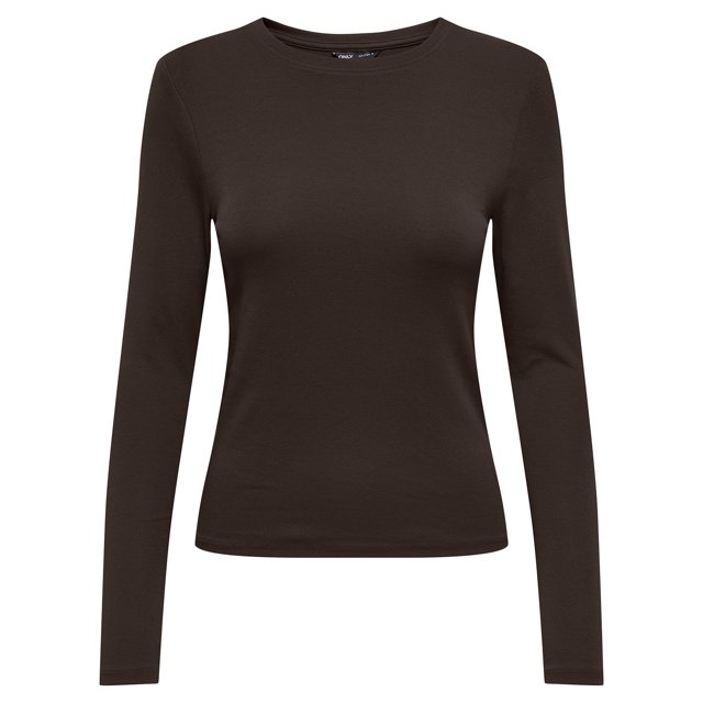 ONLY Chemise à Manches Longues pour Femme - Haut à Col Rond ONLRILEY, Manches Longues, Col Rond, Coton Extensible Brun Foncé TP (Très Petit)
