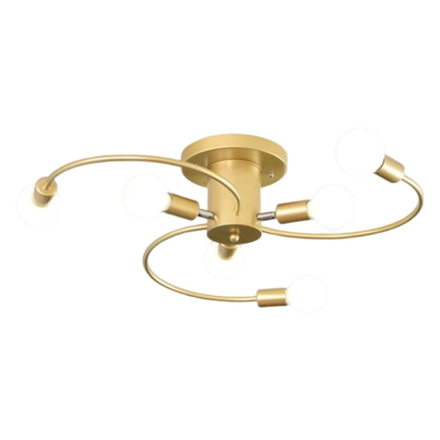 Luxury Ceiling Light Chandelier Lighting Fixture in a gold finish with a semi-flush mount design. Features six curved iron arms extending from a central base, each holding an E27 bulb socket. The minimalist and modern design is suitable for dining rooms, bedrooms, kitchens, and other spaces. Dimensions are 60x60x16 cm (23.62x23.62x6.30 inches). Bulbs not included.