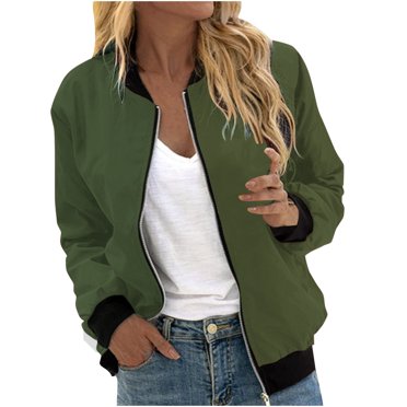 LMKIHUSA Coupe-Vent Blouson Bomber Femme Décontracté Tendance 2025 Vestes Légères Manches Longues Col Rond Coupe-Vent Couleur Unie Manteaux à Fermeture Éclair avec Poches Vert Armée,G