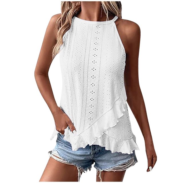 VEKDONE Halter Tops for Womens Summer Sleeveless Hollow Out Ruffled Tank Tops Solid Color Loose Breathable Lounge Vests White Large