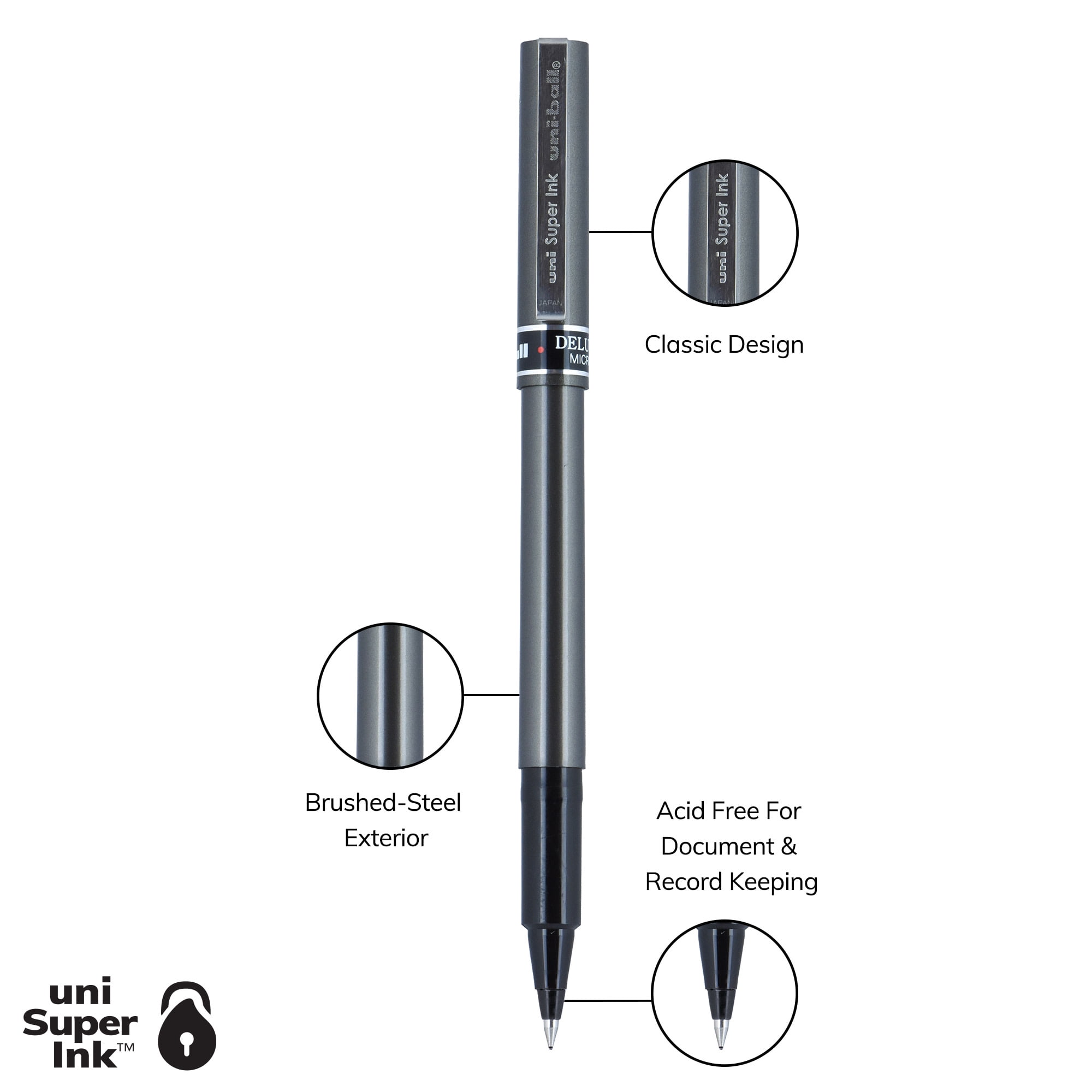 Stylos à bille roulante uni-ball Deluxe, pointe micro (0.5 mm), Noir, paquet de 3