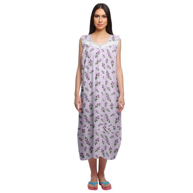 Moomaya Womens Lace Border Sleepwear For Ladies Button Placket Nightdress