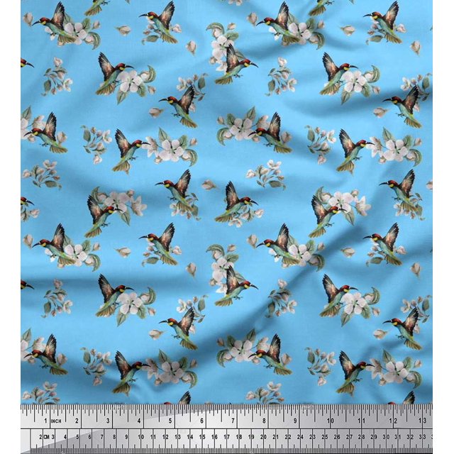 Soimoi Poly Georgette Fabric Leaves,White Floral & Hummingbird Print Fabric by The Yards 52 Inch Wide