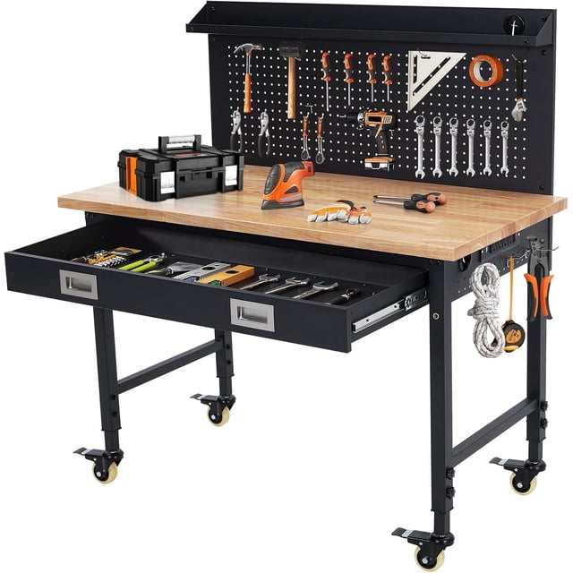EDTara 48" X 24" Workbench for Garage,Adjustable Work Bench for Garage,Office,Home,Workshop,Woodworking,Rolling Heavy-Duty Worktable with Power Outlet and Lockable Wheels,Rubber Wood Top Shop Table