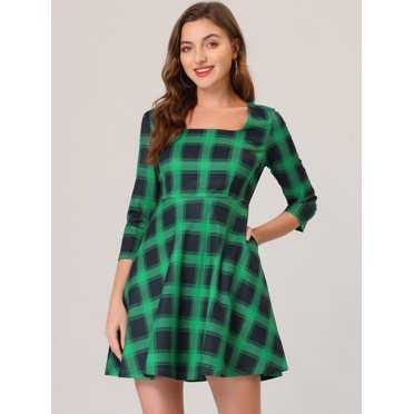 INSPIRE CHIC Women's Casual Plaid Square Neck Short Sleeve Dress