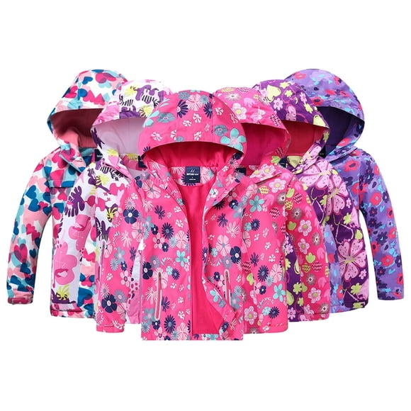 3-12T Girls Autumn Hooded Windbreaker Jacket Waterproof Zip Raincoat Lightweight Casual Floral Dust Coats for Toddler Kids