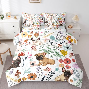 Cute Sharpei Dog Bed in a Bag King Size Comforter Set 7 Pieces,Mushroom Floral Cartoon Animal Bedding Sets Watercolor Flowers Leaves Sheet Set with Comforter