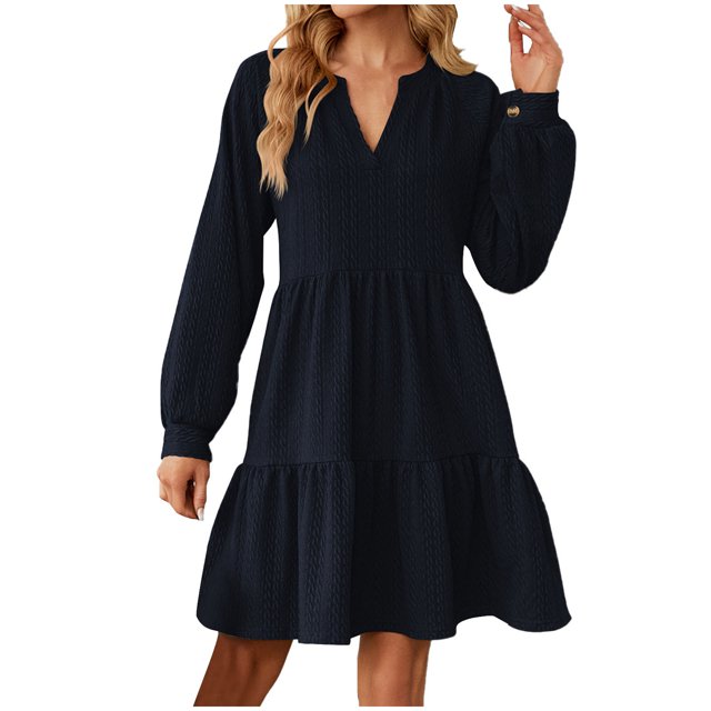 EQWLJWE Liquidation d'Économies d'Été! Robe Décontractée pour Femme Couleur Unie à Manches Longues Col en V Ourlet Plissé Robe d'Automne Longueur Genou Robes d'Été 2023