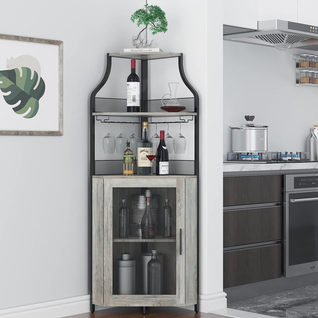 EDTara Corner Wine Cabinet with Removable Wine Rack, Wine Bar Cabinet with Barn Door and Adjustable Shelves, Industrial Wine Cabinet for Dining Room, Living Room,Kitchen