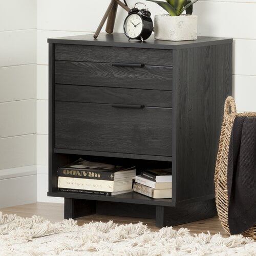 South Shore Fynn Nightstand with Drawers and Cord Catcher for Child, in Gray Oak