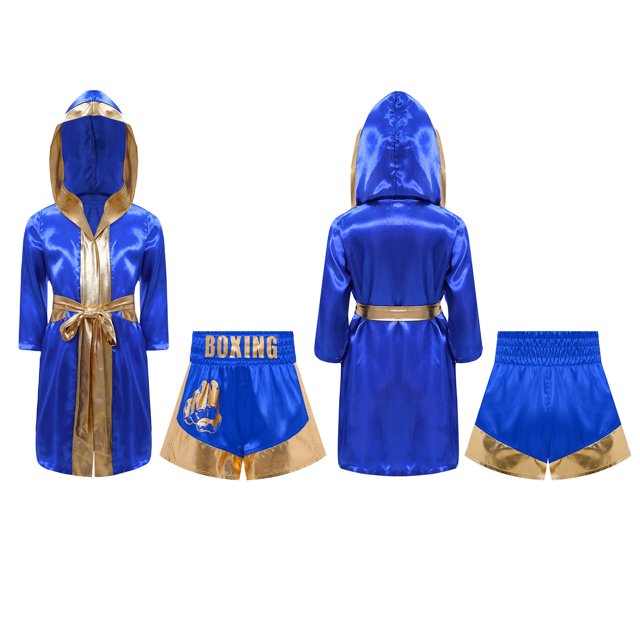 Fldy Ensemble d'Uniforme de Boxe pour Garçons 2 Pcs Robe de Boxe et Shorts MMA Costume de Boxeur Tenue d'Halloween Bleu Royal Or 12