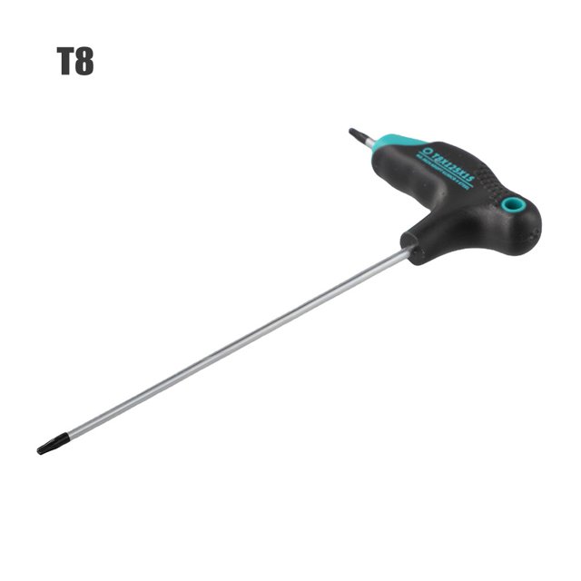T-Handle Torx Wrench Repair Tool Torx Screwdriver Double Head T6-T45 With Hole, shown in a T8 size. The tool features a black ergonomic anti-slip handle with a teal accent and a hanging hole for convenient storage. The long, double-ended shaft is made of durable chromium vanadium steel with a magnetic head for efficient use. Suitable for home appliance repair, mechanical repair, and line repair.