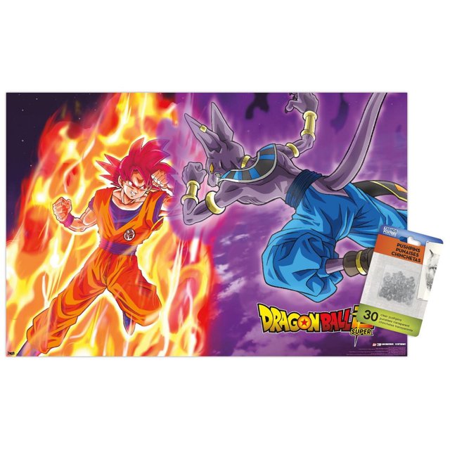 Dragon Ball : Super - Affiche Murale de Bataille de Dieux, 22,375 Pouces x 34 Pouces Représentant Goku en Forme de Dieu Super Saiyan Rouge avec une aura Ardente à Gauche, Face à Beerus, le Dieu Violet de la destruction en Pantalon Bleu et Bandes Dorées à Droite, sur un Fond Cosmique Violet avec le logo Dragon Ball Super. Convient à une Déco Murale Vibrante dans les Chambres Ou les Bureaux.