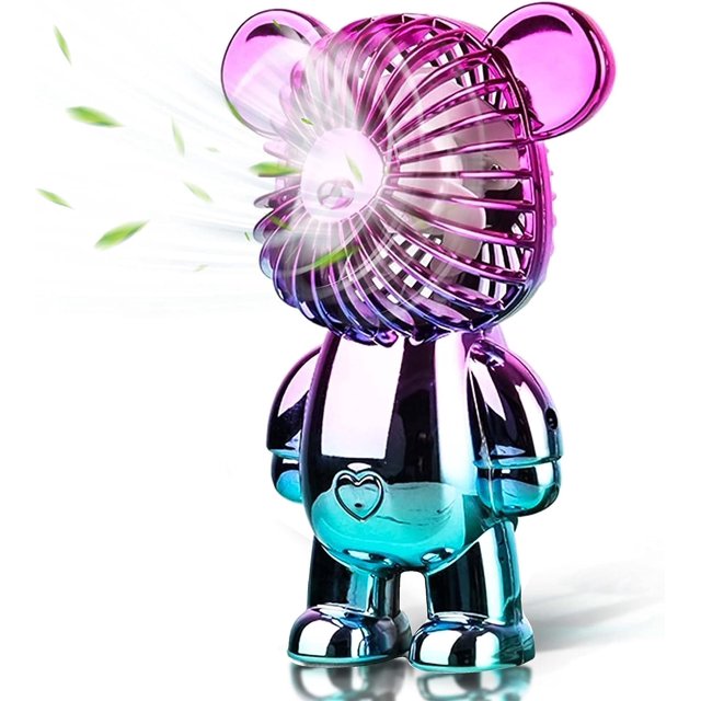 Innotech Portable Fan, a mini bear-shaped desk fan with a colorful electroplated finish. Features a quiet operation, 3-speed adjustable settings (soft, natural, and strong wind), and USB-powered functionality. Designed with anti-skid soles and a mesh front for safety, it doubles as a decorative ornament. Made with plastic fan blades, it is energy-efficient and portable.