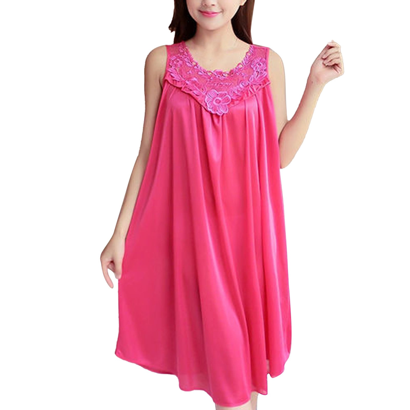 2025 Robe Décontractée Unie pour Femmes Chemises de Nuit pour Dames Coton Sans Manches Col Rond Dentelle Chemises de Nuit en Coton pour Femmes Robe à Empiècements Chandail Ample Chemises de Sommeil pour Femmes Coton