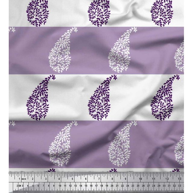 Soimoi Purple polyester Crepe Fabric Stripe & Paisley Print Sewing Fabric Yard 42 Inch Wide