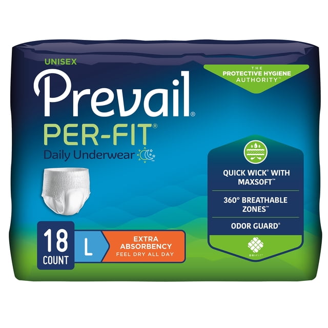 Prevail Per-Fit sous-Vêtements pour Adultes Grand - 72 Unités. un Paquet de sous-Vêtements Jetables pour Adultes Conçus pour la protection contre l'Incontinence, Offrant une Absorption Maximale, des zones Respirantes à 360°, et un Garde-Odeurs. l'Emballage Met en Valeur une Mèche Rapide avec la Technologie MaxSoft pour la Sécheresse et le Confort. Comprend 18 Pcs de Grande Taille par Paquet, avec un Tissu Extérieur Type Tissu pour un Port Discret.