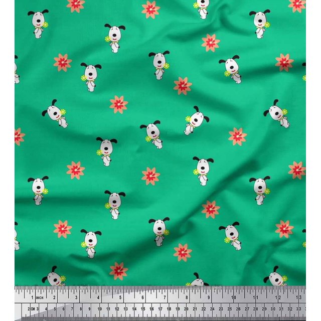 Soimoi Poly Georgette Fabric Floral & Dog Cartoon Print Fabric by The Yard 52 Inch Wide