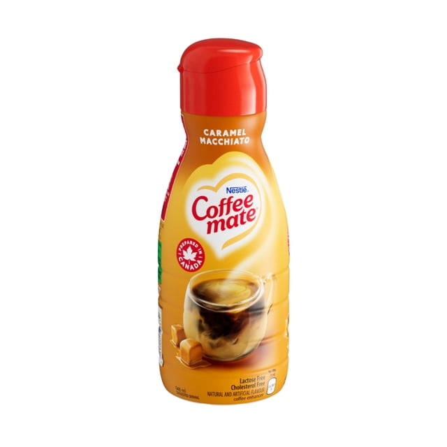 Caramel Macchiato Liquid Coffee Enhancer by Coffee mate in a 946 ml squeezable bottle with a red cap, featuring caramel macchiato flavour and a coffee cup with creamer swirls, lactose-free and cholesterol-free non-dairy creamer ideal for enhancing coffee flavour, prepared in Canada.