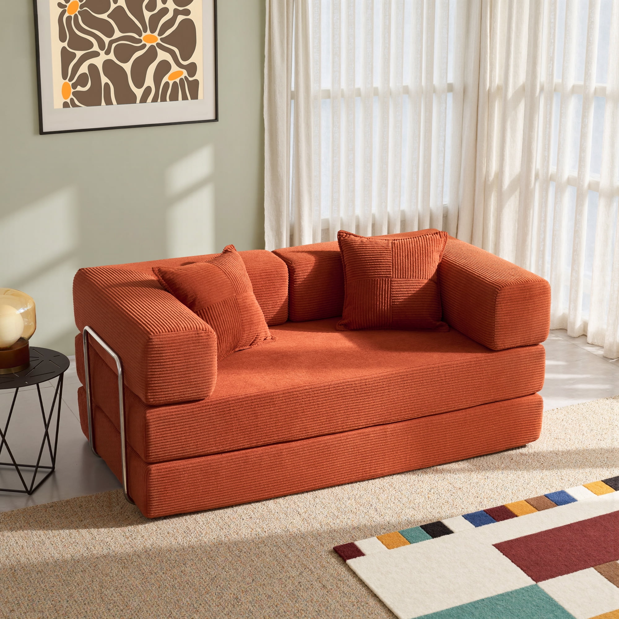 YINIX 62.9"  Sofa Couch with Two Pillows,  Comfy Modular Convertable Sofa Bed for Living Room and Small Spaces, Orange