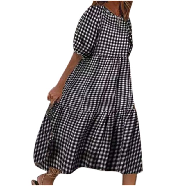 Fridja Robe d'Été Décontractée à Manches Courtes Col Rond Ample Grande Taille à Carreaux pour Femmes