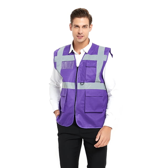 TOPTIE 5 Pockets High Visibility Safety Vest with Reflective Strips in purple, size M. Made of lightweight, breathable fluorescent polyester fabric, this vest features 2-inch wide reflective bands for enhanced visibility in low-light conditions. Designed to meet ANSI/ISEA 107 Class 2 standards, it provides 360° protection. The vest includes five multi-functional pockets with self-locking closures, a D-ring access slot, a zipper front, and a clear plastic card holder for identification. Suitable for construction, traffic control, law enforcement, and outdoor activities.