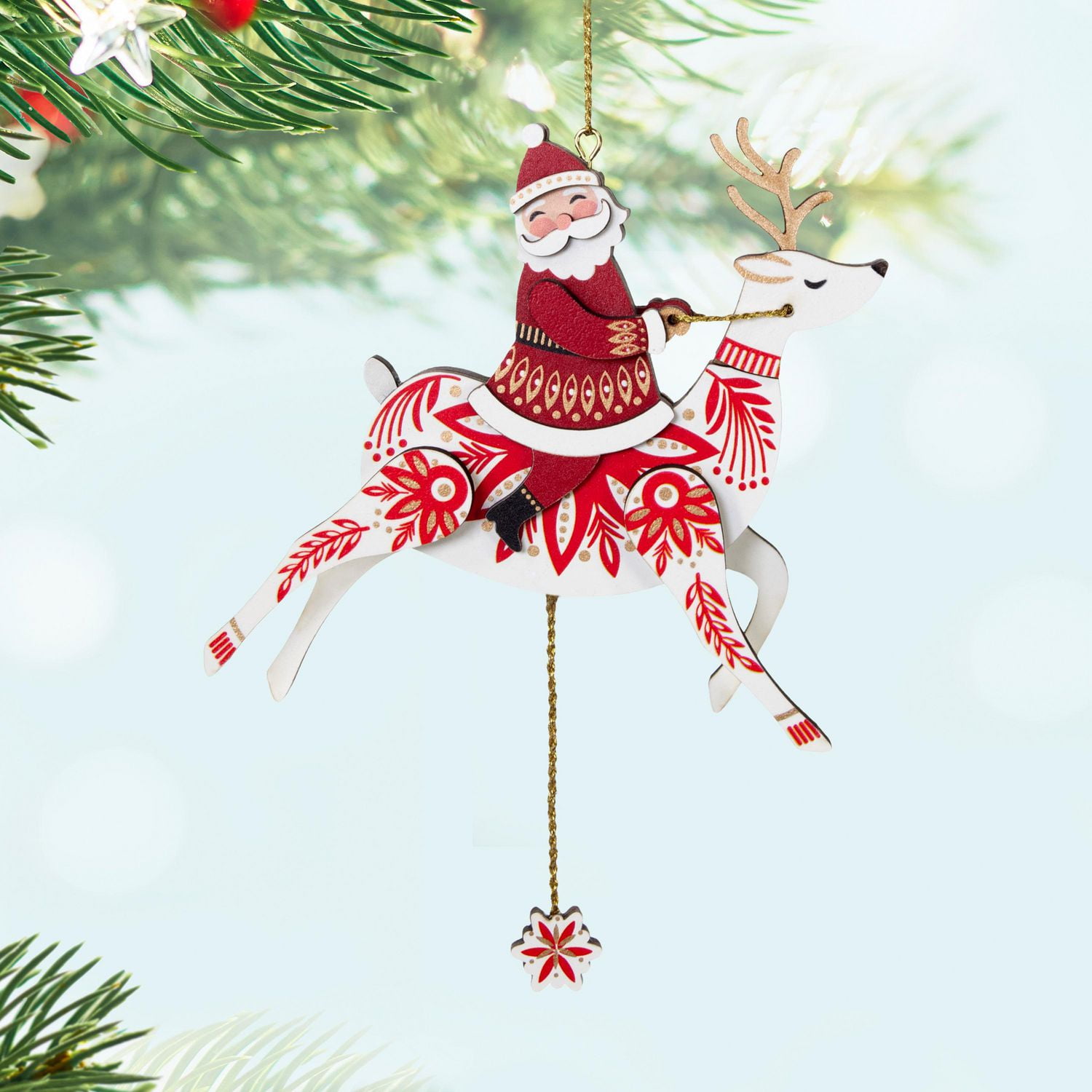 Décoration de Noël, Keepsake de Hallmark (Renne et père Noël, avec cordon à tirer, en bois)
