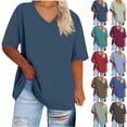 thumbnail image 4 of Moxiu Womens Plus Size Summer V Neck Tees Casual Loose Fit Short Sleeve Solid Color Oversized Basic Tunic Tops Red,XL, 4 of 4