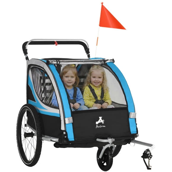 Aosom Child Baby Bike Trailer Kids 2 Seater, Bike Stroller Toddler, Blue