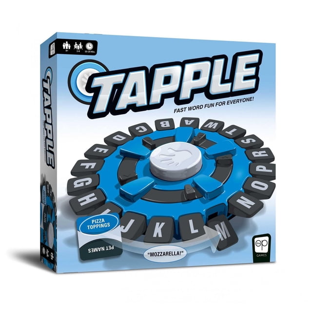USAopoly Tapple Board Game - fast word game featuring a blue and black circular wheel with letter tiles and a central white button with a handprint, includes category cards like Pizza Toppings and Pet Names, for 2-8 players aged 8 and up, with 10-20 minute playtime, requiring 2 AA batteries, suitable for family word challenges.