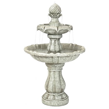 Sunnydaze 2-Tier Solar-Powered Outdoor Water Fountain with Battery Backup - Outdoor Garden and Patio Decor Waterfall Feature - White Earth Finish - 35-Inch