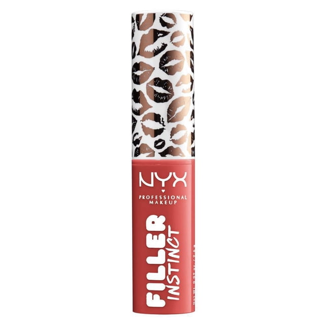 NYX Professional Makeup Filler Instinct Plumping Lip Colour 2.5 mL tube with a red base and a white cap decorated with black and brown lip print patterns, labeled with bold white text, ideal for lip hydration and plumping.