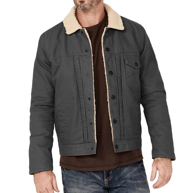 Lovzfmll Men's Retro Jacket Fleece Lined Zippered Pockets Long Sleeve Dark Gray, S