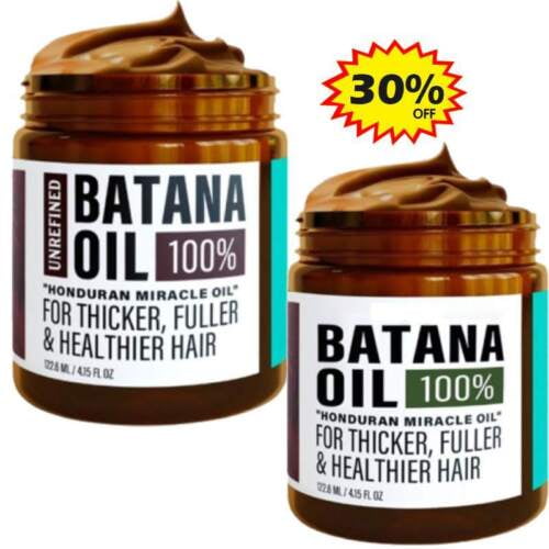 Deux Pots d'Huile de Batana 100 % Non Raffinée, Étiquetée « Huile Miracle Hondurienne » pour des Cheveux Plus Épais, Plus Fournis et Plus Sains. Chaque Pot Contient 4,15 fl oz (122,8 ml) d'Huile Capillaire de Couleur Brune, Conçue pour Favoriser la Pousse des Cheveux, Réparer les Dommages et Améliorer la Santé du Cuir Chevelu. les Pots Comportent un Texte Gras et un Insigne Promotionnel de 30 % de Rabais.