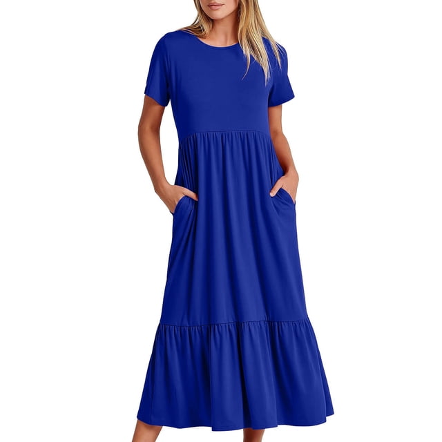 Penkiiy Robe Maxi Évasée d'Été Décontractée pour Femme à Manches Courtes et Col Ras du Cou, Fluide, Asymétrique, à Étages, Robe de Plage avec Poches, G Bleu