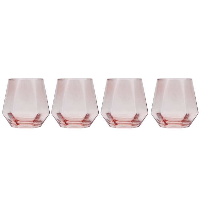 Luv by Betsey Johnson 16oz Whisky Glass Set of 4 with four pink-tinted, faceted whisky glasses featuring a geometric base, each 16 ounces, perfect for whisky or cocktail drinkware in home entertaining and dining settings.