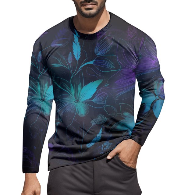 LUOGENLI T-shirts pour Homme pour Hommes Homme Automne et Hiver Mode Imprimé Col Rond Manches Longues T-Shirt Rétro Imprimé Intégral Hauts T-shirts Amusants pour Hommes T-shirts Graphiques Pâques Violet G