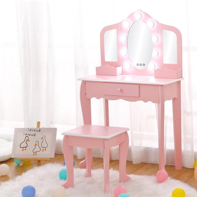 Vanity with Touch Lighted Mirror, Little Girls Vanity Table & Stool, Makeup with Tri-Fold Mirror, Drawer & Storage Grid for 3-9 Yrs Girls,Pink(with accessories)