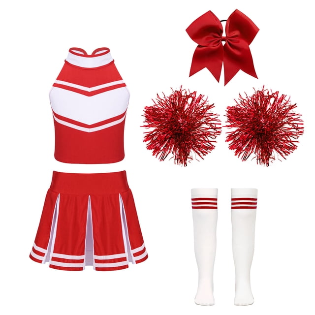 Fldy High School Girls Cheer Leader Cheerleading Uniform Outfit Matching Pom Poms and Socks B Red 10